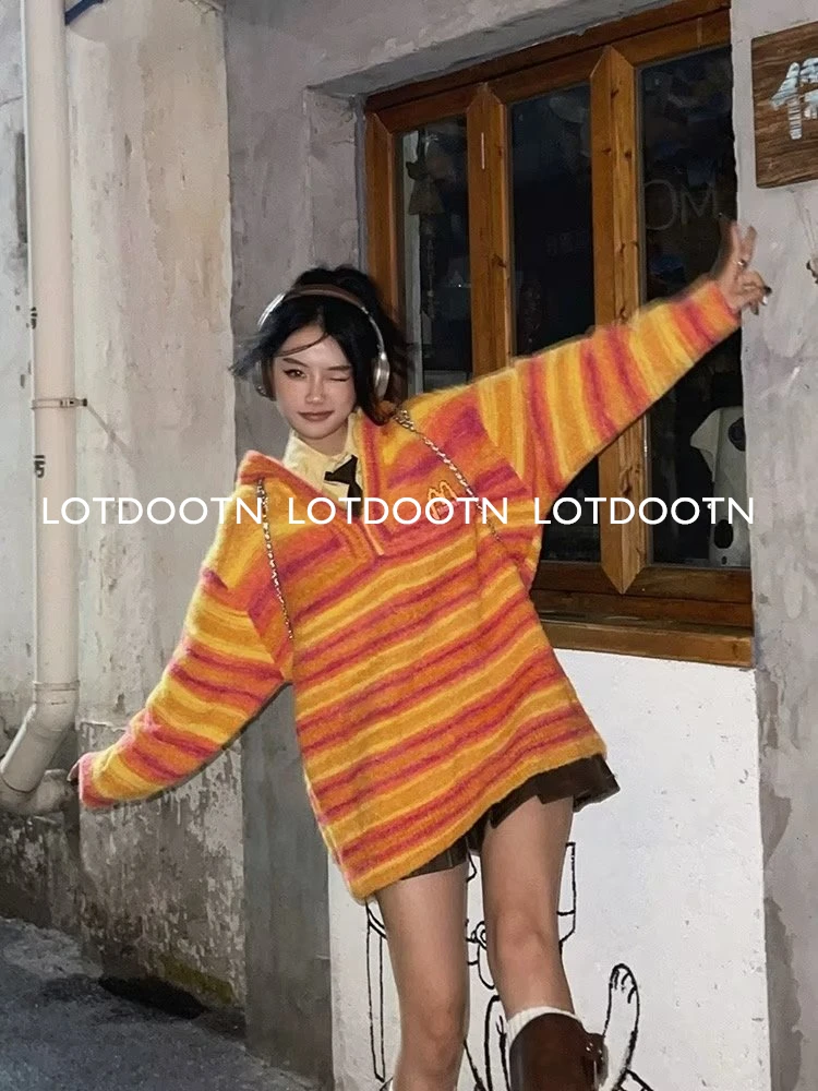 LOTDOOTN strisce colorate felpa con cappuccio lavorata a maglia allentata donna Y2K maglioni invernali Vintage Casual coreano Harajuku Pullover