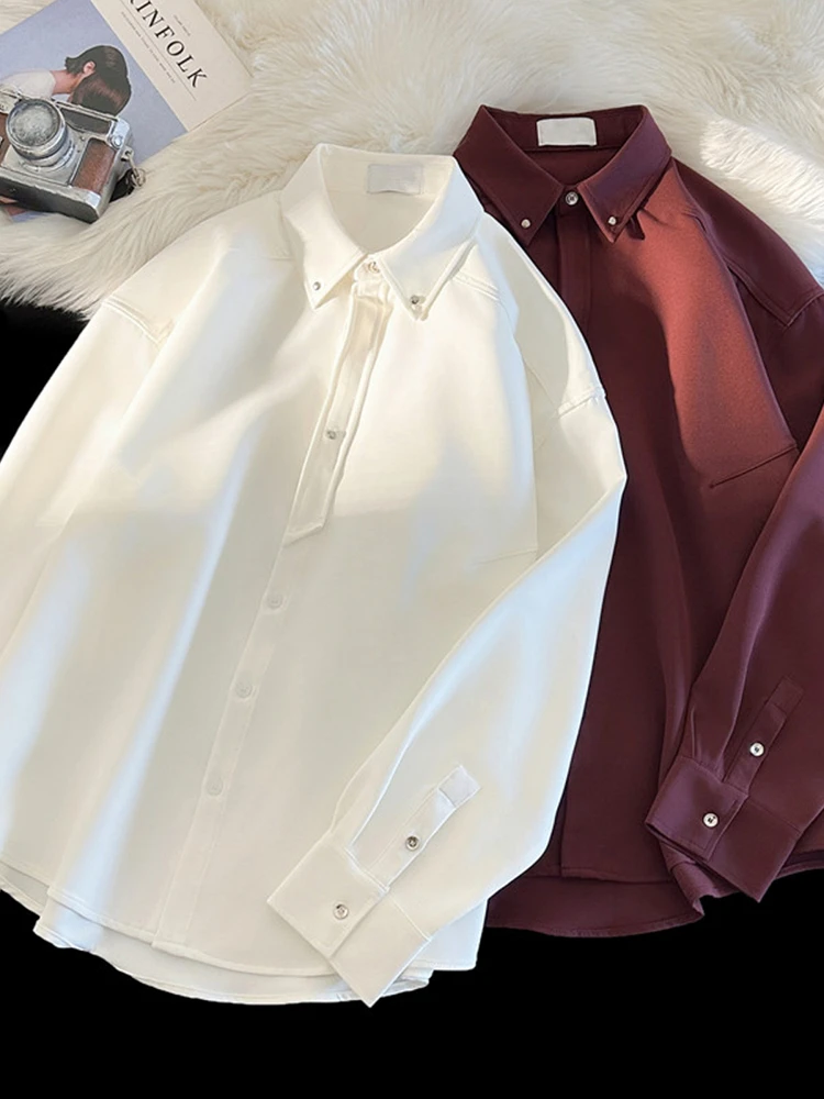 

Spring Autumn Pure Color Long Sve Casual irt for Men Youth Trendy Loose Hong Kong Sle Japanese Retro Jaet