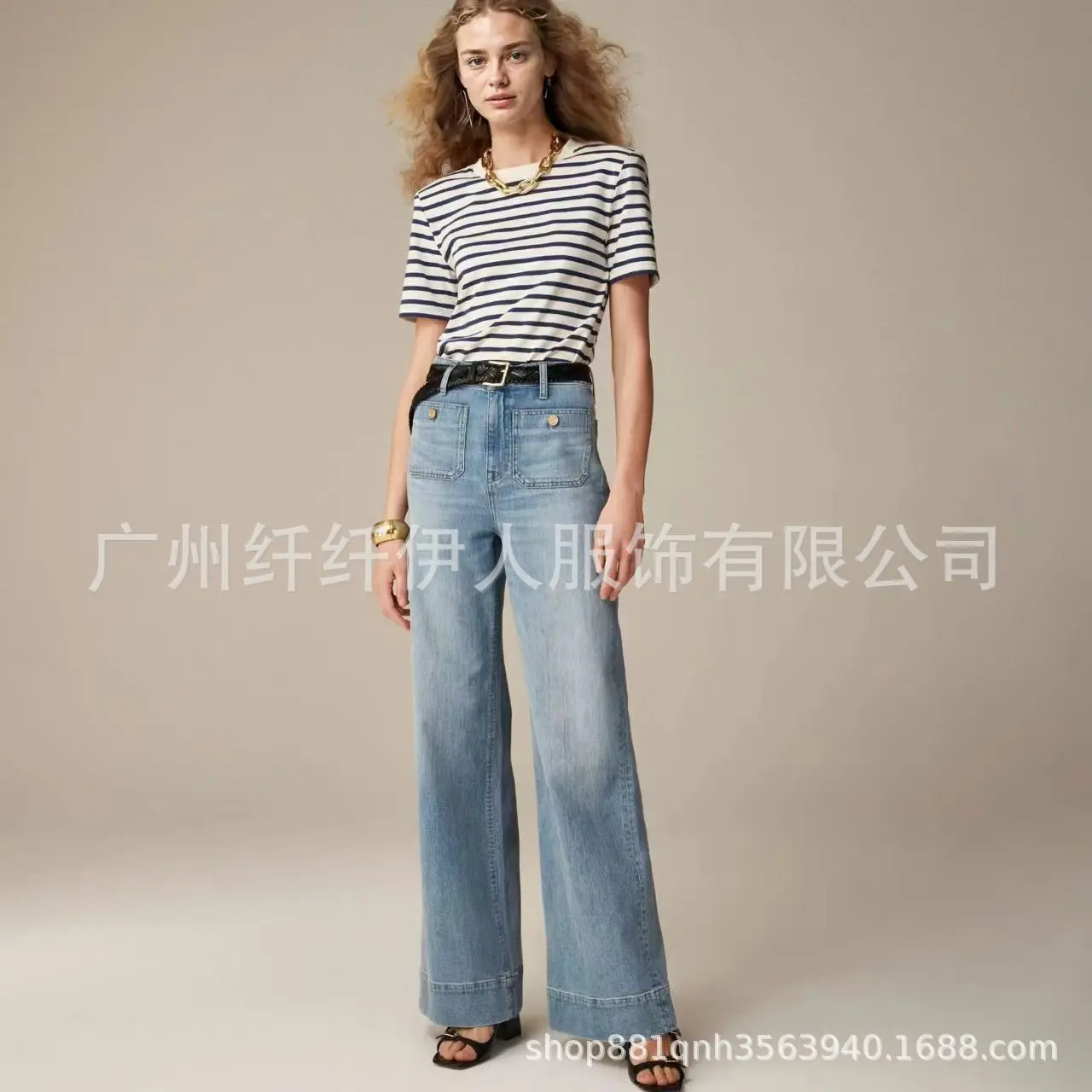 

Women's Jeans Denim Pants Clothing New Loose Wide Leg Casual Bleached Button Slightly Flared Jeans Full Length