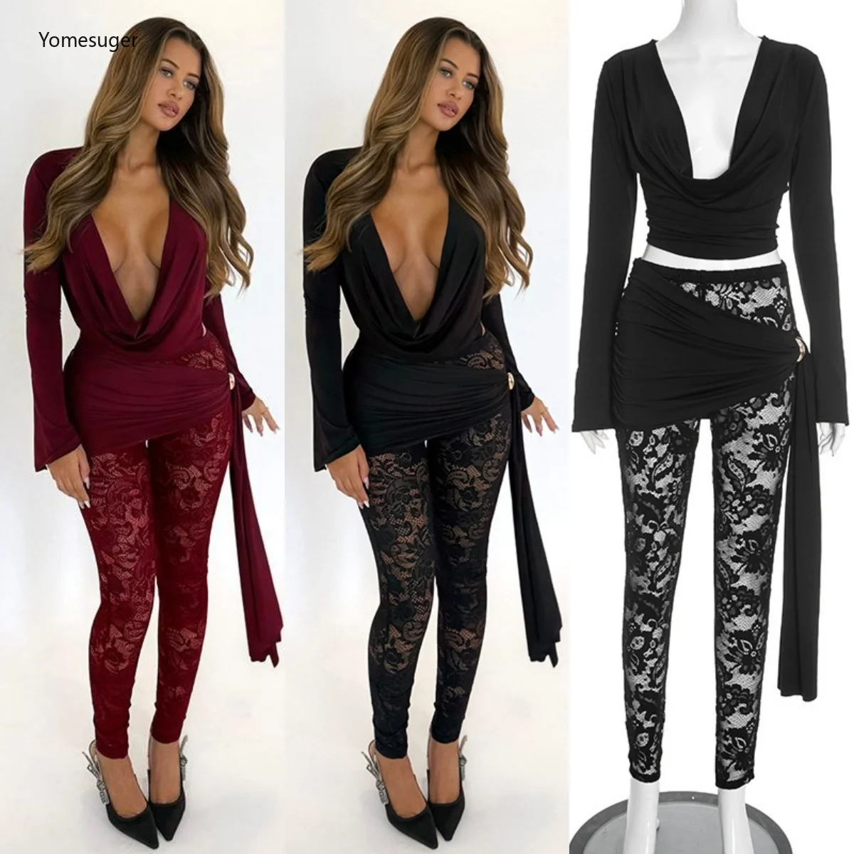 

Yomesugar сексуальные комплекты из 2 предметов, женские укороченные топы с открытой спиной и глубоким v-образным вырезом и длинными рукавами + кружевные прозрачные брюки с лентами, одинаковая клубная одежда