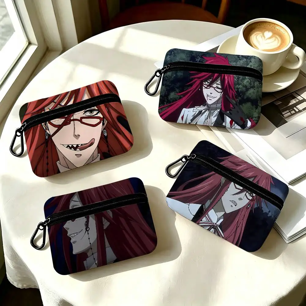 1pc Grell Sutcliff Black Butler Coin Purse With Carabiner Hook Portable Key Card Wallet Small Zipper Storage Pouch