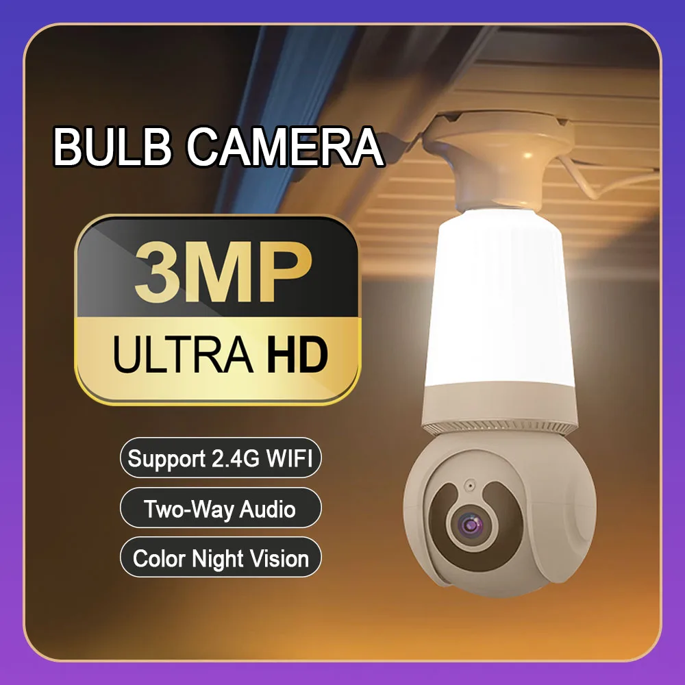 3MP E27 Bulb Camera 2.4G Wifi Surveillance CCTV Cameras PTZ Smart Security Tracking Two-way Audio Night Vision V380 PRO Camera