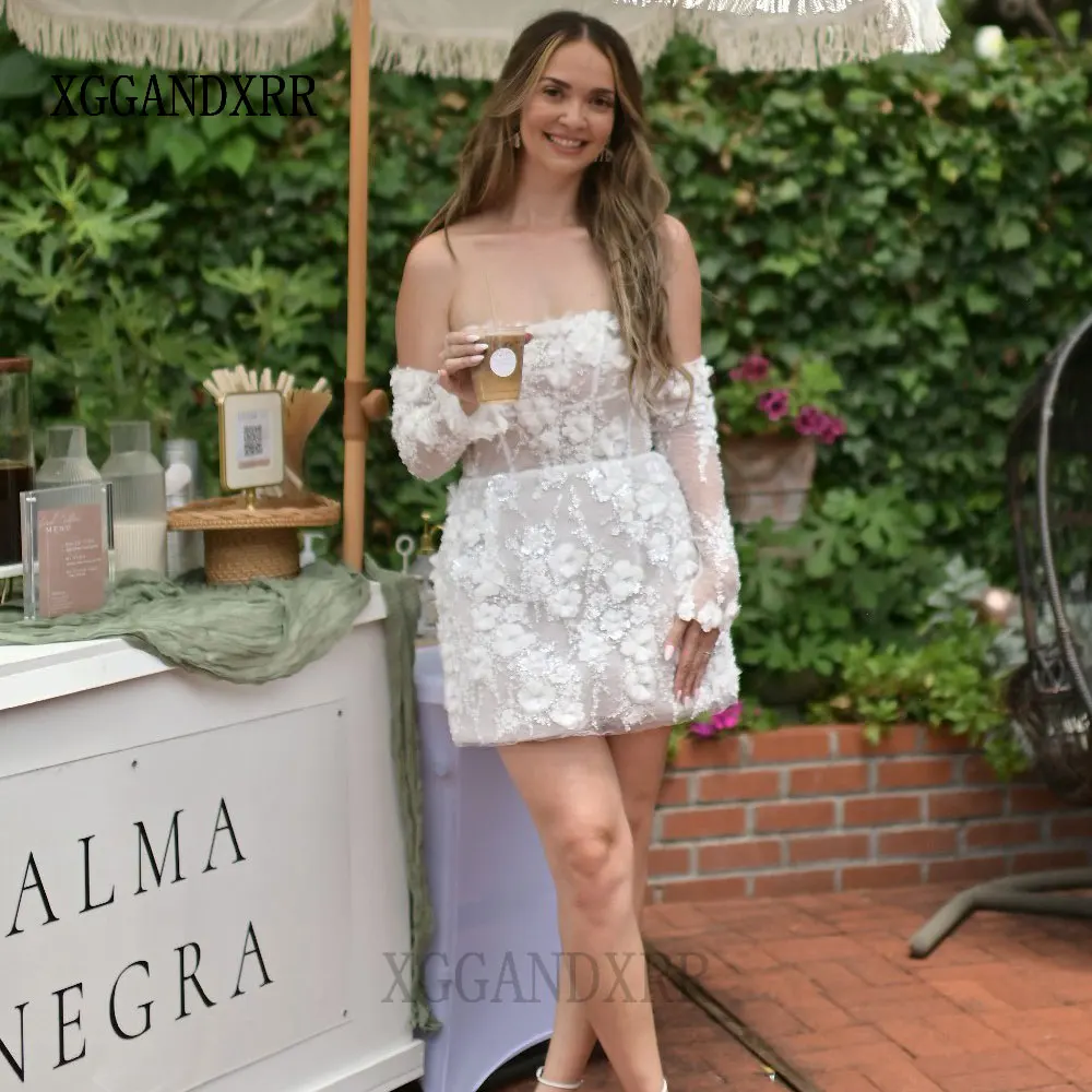 Luxury Short Wedding Dresses 2026 Lace 3D Floral Appliques Beading Detachable Long Sleeves Bridal Gown Mini Length Customized