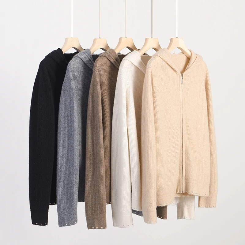 WinvyNee Women Cashmere Wool Cardigans Zipper Hooded Jackets Solid Casual Loose Outerwears Warm Knitted Coats Winter B1044030