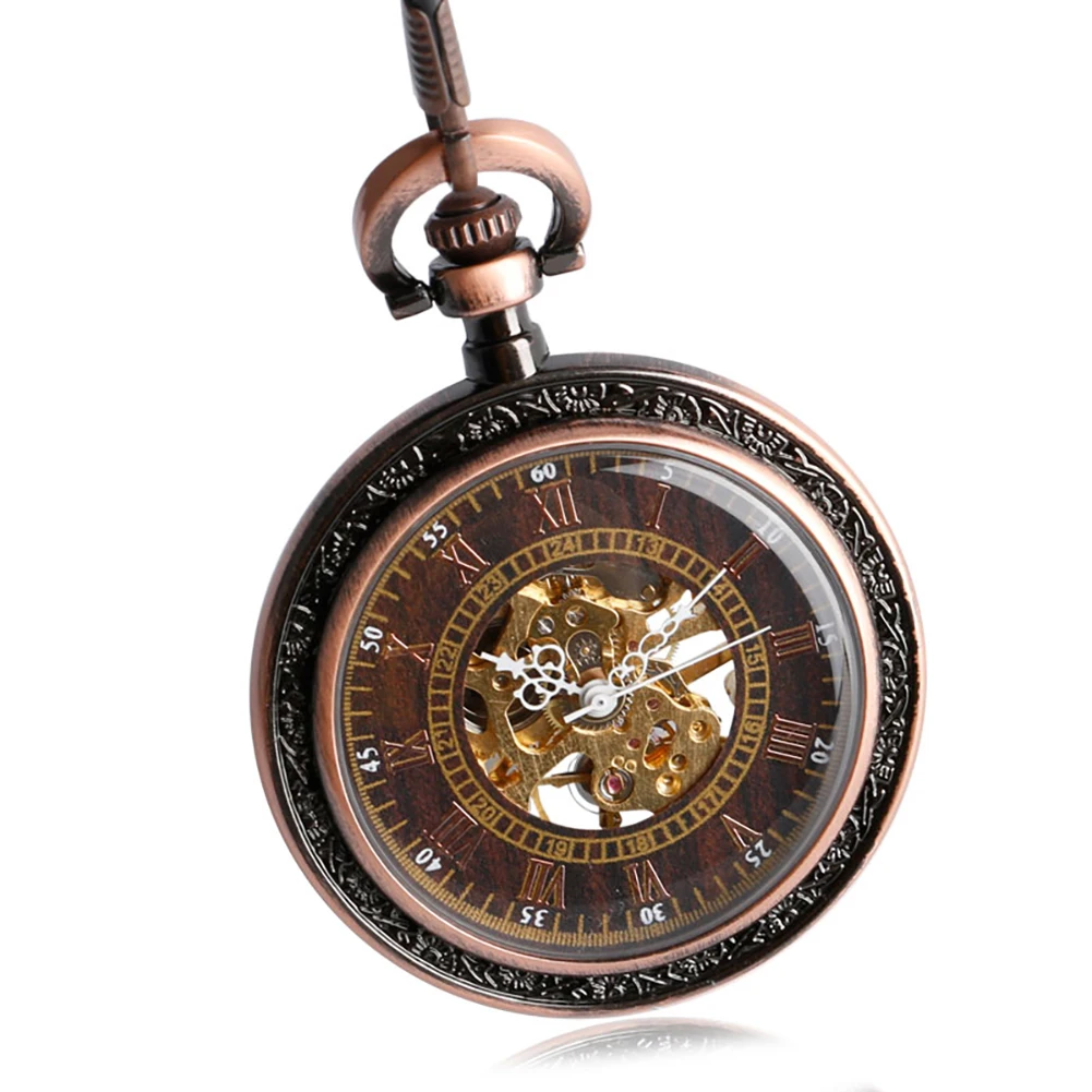 Rose Gold Mechanical Pocket Watch Pendant Pocket Clock Retro Style Hand-Winding Mechanical Pocket Timepiece Roman Numerals Dial