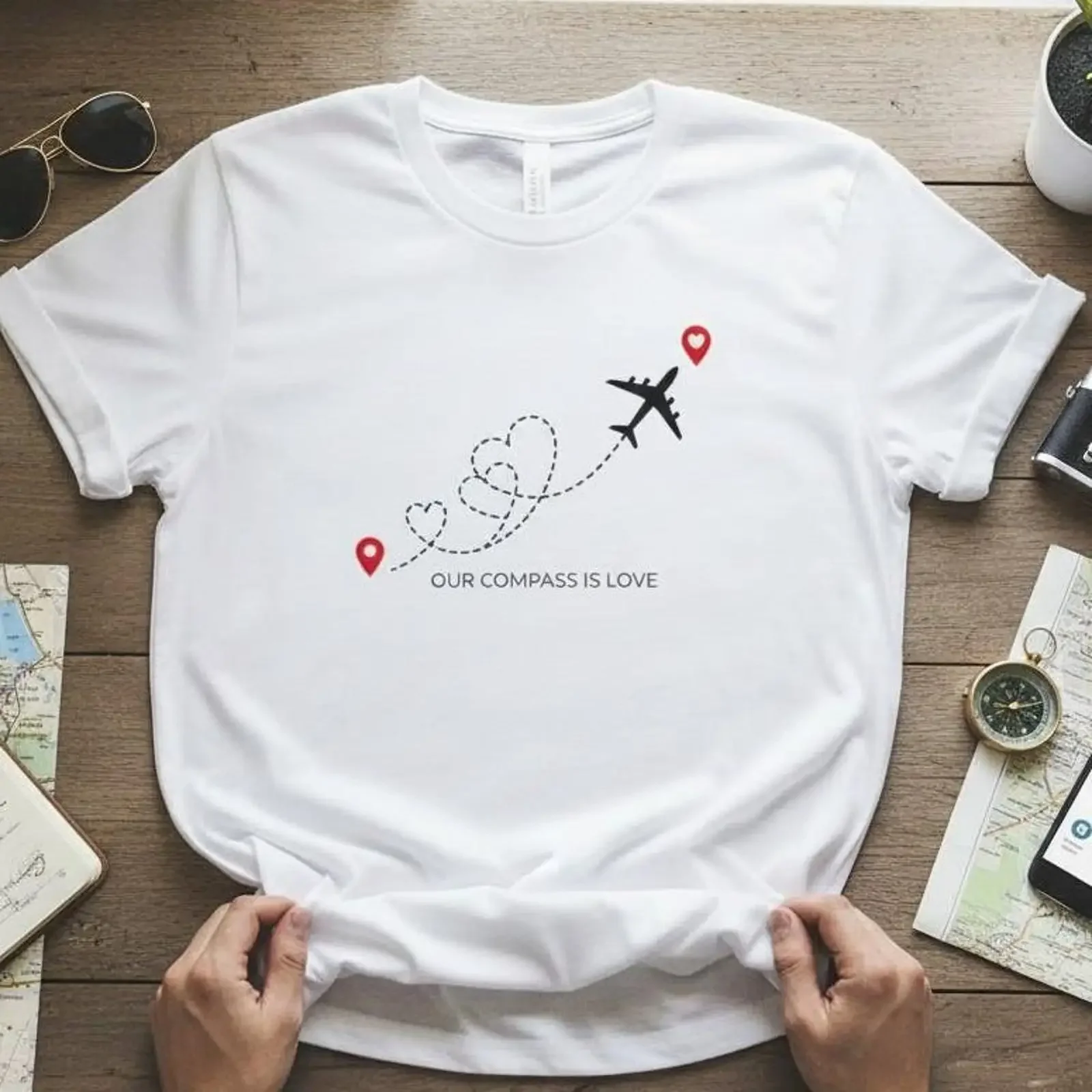 Personalized Long Distance Love T Shirt Custom Location Couple Travel Our Compass Is Airplane Heart  vintage Washed