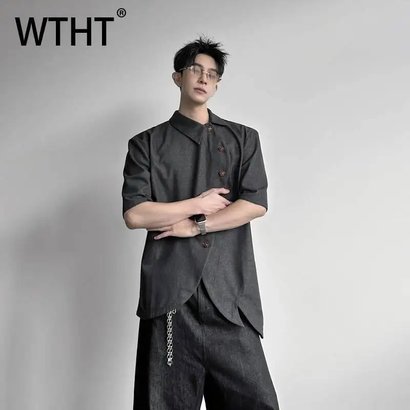 WTHT Fashion 2026 Summer Men's Slanted Lapel Denim American Style T-shirts Trendy Short Sleeves Loose Shirts Male 2A3045