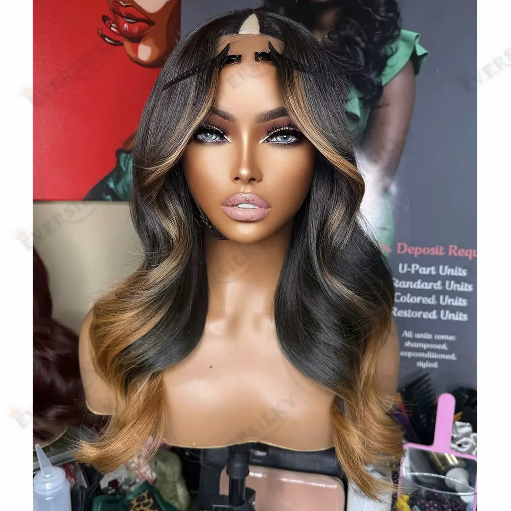 

Women's Wig Ombre Honey Blonde 1x4 Size V Part Wig Human Hair Natural Wave Glueless Clip-In Remy Braizilian Hair U Part Wigs