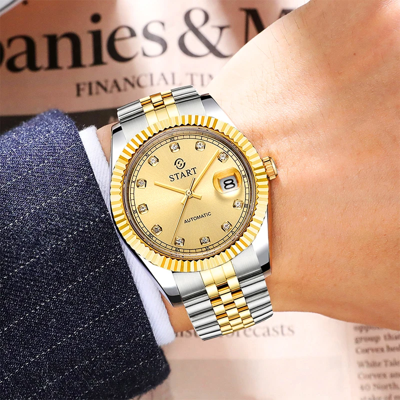 

【START】Men's Watch Diamond Dial Automatic Mechanical Watch Waterproof Calendar Function Golden Watch