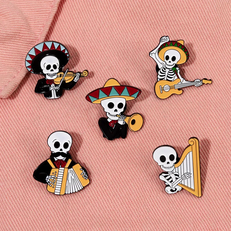 Mexican Concert Enamel Pins Custom Accordion Violin Harp Brooches Lapel Badges Gothic Performers Jewelry Gift for Friends