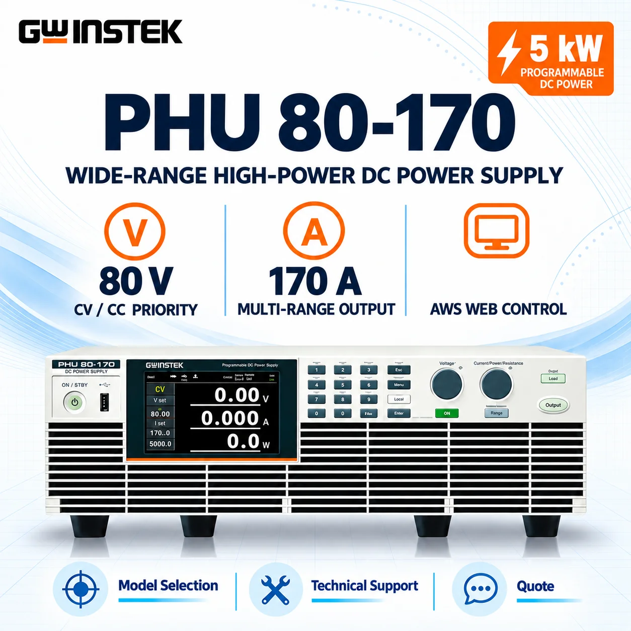 GWINSTEK PHU 80-170 5kW 80V/170A Multi-Range Programmable DC Power Supply, Bleeder Control, Internal Resistance, USB/LAN