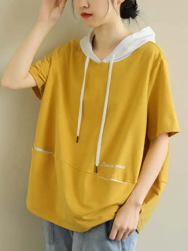 تي شيرت نسائي قطني فضفاض بأكمام قصيرة على الطراز الكوري، قلنسوة مرقعة بألوان متعددة، وصل حديثًا، بلوزة غير رسمية