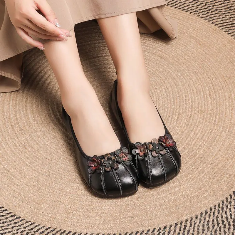 Vintage Woman Ballet Flats Women Genuine Leather Shallow Shoes Mom Driving Loafers Ladies Retro Handmade Floral Green Moccasins