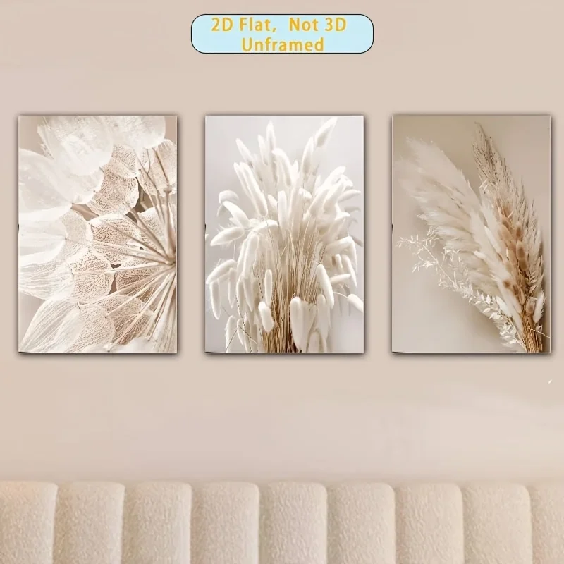 2D Flat, 2D Flat, 3pcs Frameless Posters, Canvas Art, Beige Dried Flowers, Farmhouse Style Crop Home Decor, Wall Art, Room De