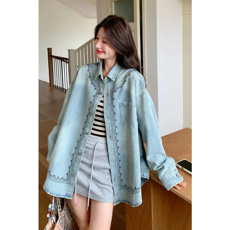 Light Blue Retro Printed Denim Jacket for Women Loose Casual All-match Shirt Button Lapel Cardigan Top