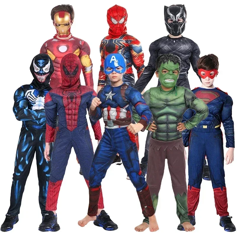 Superhero Spider Man Captain America Batman Thor Hulk Cosplay Costume Muscle Bodysuit Jumpsuit for Kids Halloween Party