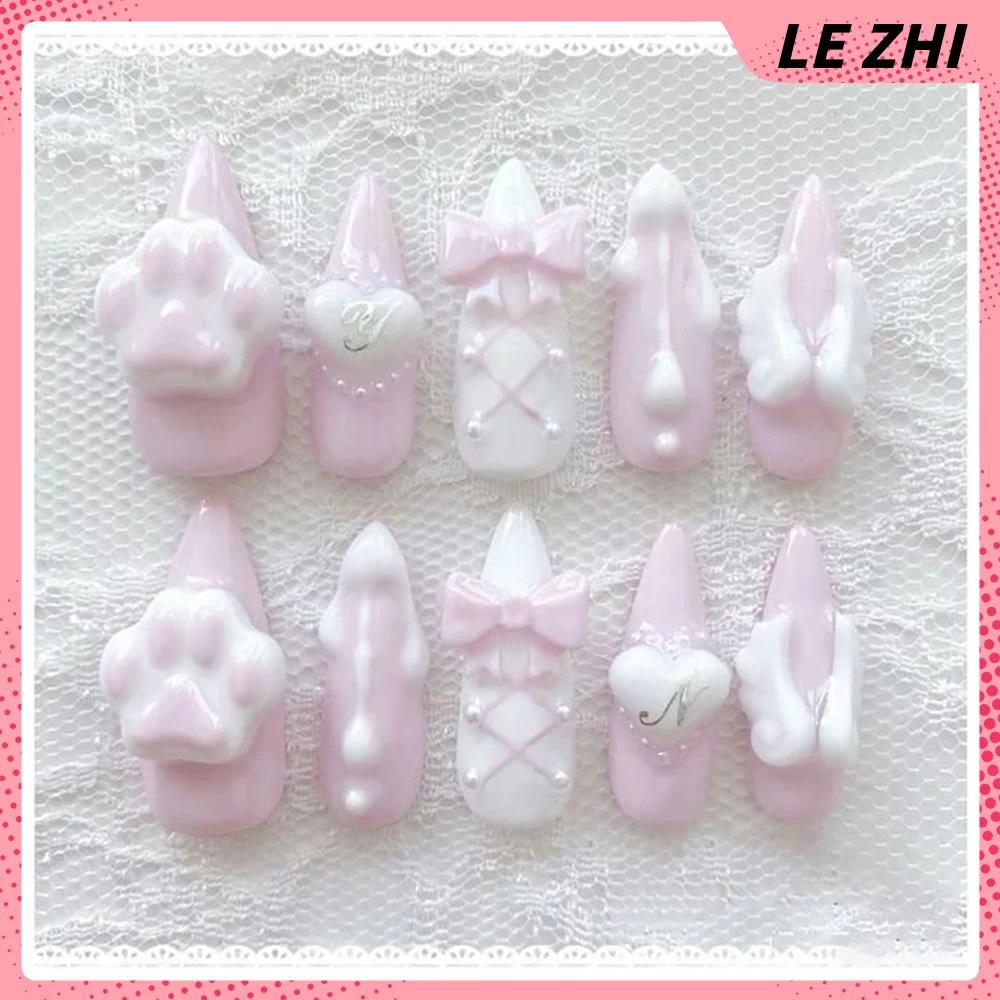 Cartoon Stiletto Cute Rabbit Press On Nails Art Stickers Retro Y2K Strawberry Wings Love Cat Paws Manicure Diamond Fake Nails view 6