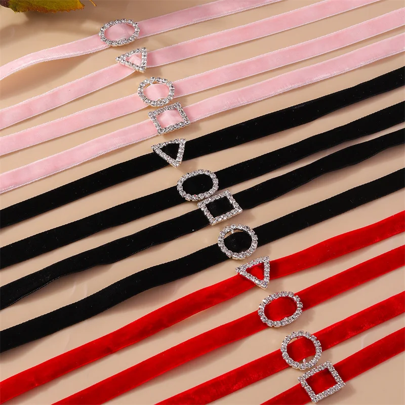 Aihua Sexy Rot Samt Choker Halsketten für Frauen Runde Quadrat Dreieck Kristall Halskette Hochzeit Schmuck Hals Kragen – Detail 2