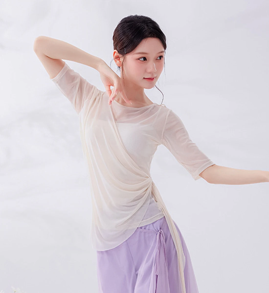 Classical Dance Top Women Body lyric Shirt Stretch Slim Gauze Mesh Long Middle Sleeve Stage Clothes Elegant Training Costume Top