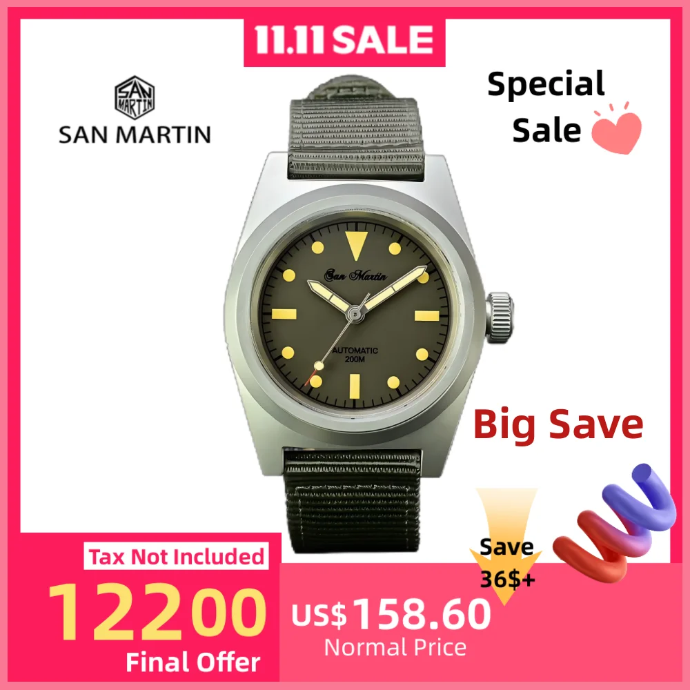 

San Martin Мужские часы-пилот с сапфировым стеклом 38 мм Винтажные военные часы для энтузиастов YN55 Автоматические механические часы Спортивные 20 бар SN0029G-A