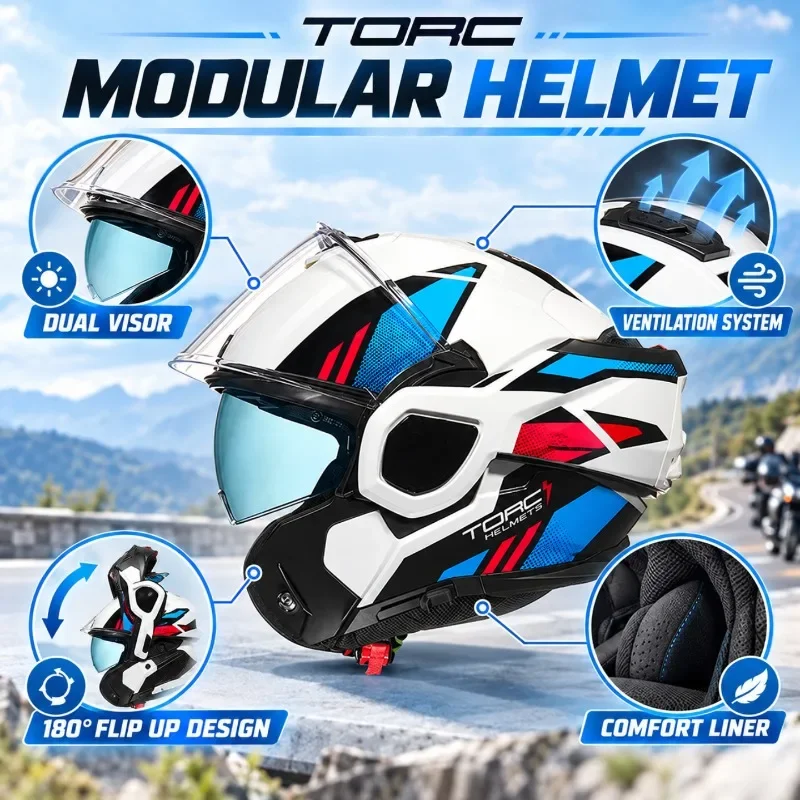TORC Modular Motorcycle Helmet Dual Visor Flip Up Full Face Helmet All Season Motorbike Touring Riding Helmet for Men