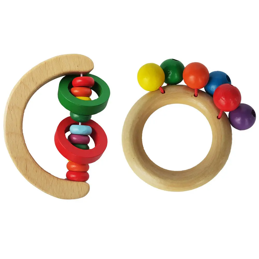 2 قطعة خشخيشة خشبية ملونة الطفل Handbell ألعوبة تعليمية مبكرة للتطوير الحسي للرضع والتنسيق بين اليد والعين