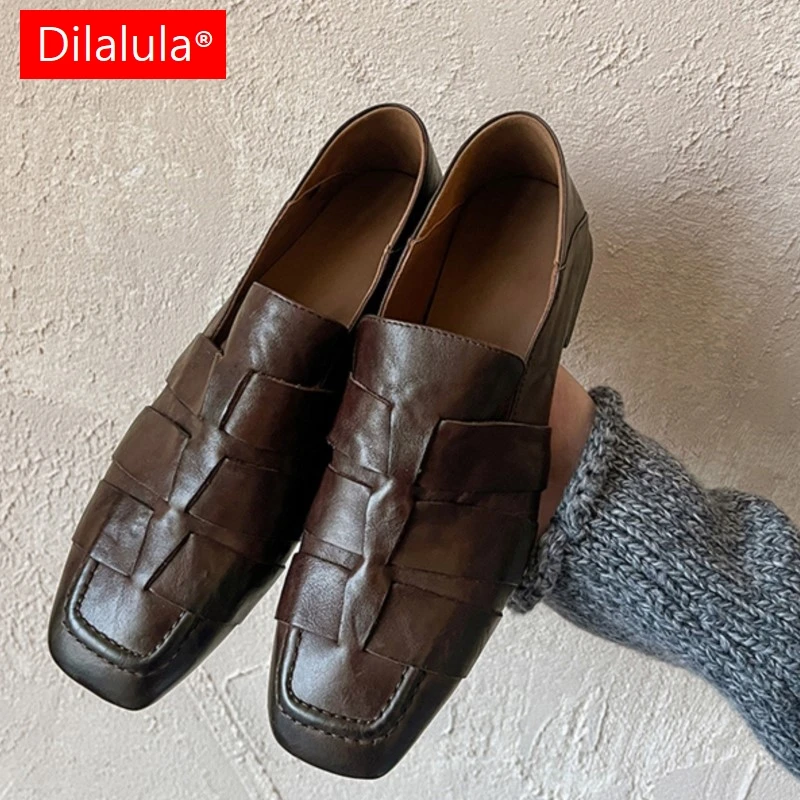 

Dilalula 2026 Vintage Cow Leather women's Loafers Square Toe Low Thick Heels Slip On Braided Pumps Female Leisure Retro Shoes