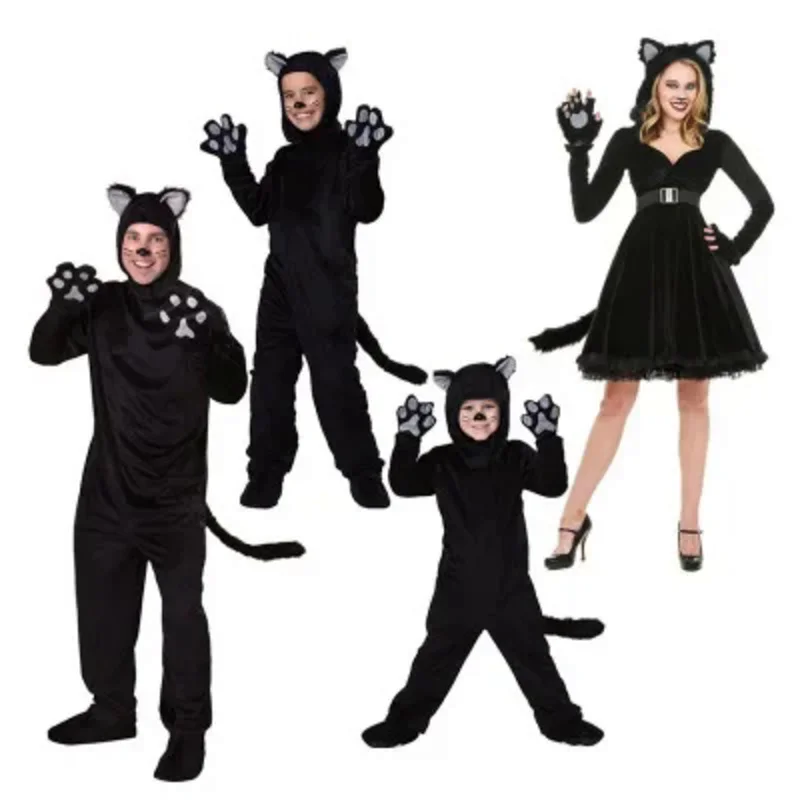 Black Cat Costume For Men Women Child Cosplay Parent-child Costumes Attached Cuddly Animal Clothing Stage Performance Jumpsuits