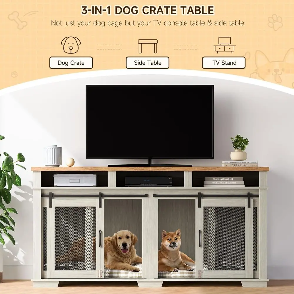 Light Oak/White Dog Crate Furniture for Two Pets, Large Dog Cage with 3 Drawers, Removable Divider, and Sliding Barn Door