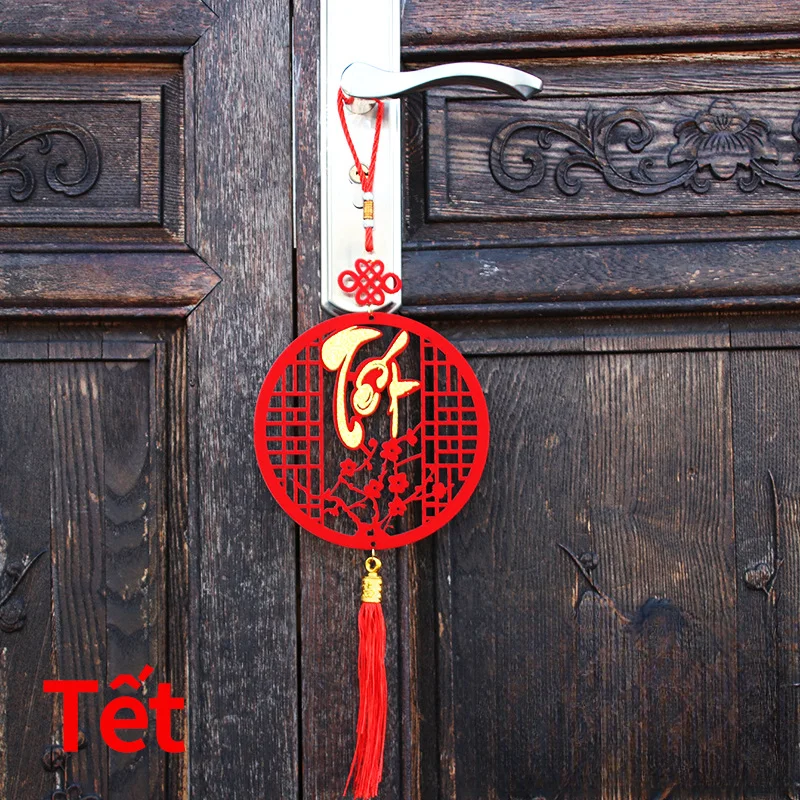 Precision Cut Vietnamese Wooden Pendant Ornament with Traditional Plum Blossom Design for Tet Lunar Festival Hanging