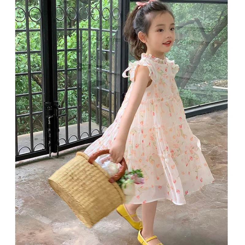 2-8 Years New Summer Princess Girls Dress Full Print Little Flower Lightweight And Comfortable Design Party Dress For Kids