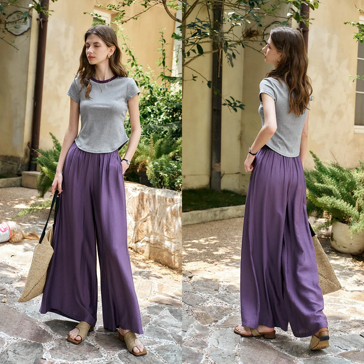 

OLrain Women Casual Two Piece Pants Set 2025 Woman Gray Fitted T-shirt Purple Slouchy Pant Summer Outfits Ladies Suit O57XE98283