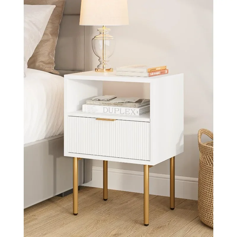 

Nightstand,Mid-Century Modern Bedside Table with Storage Drawer and Open Wood Shelf,Small Gold Frame Side Table