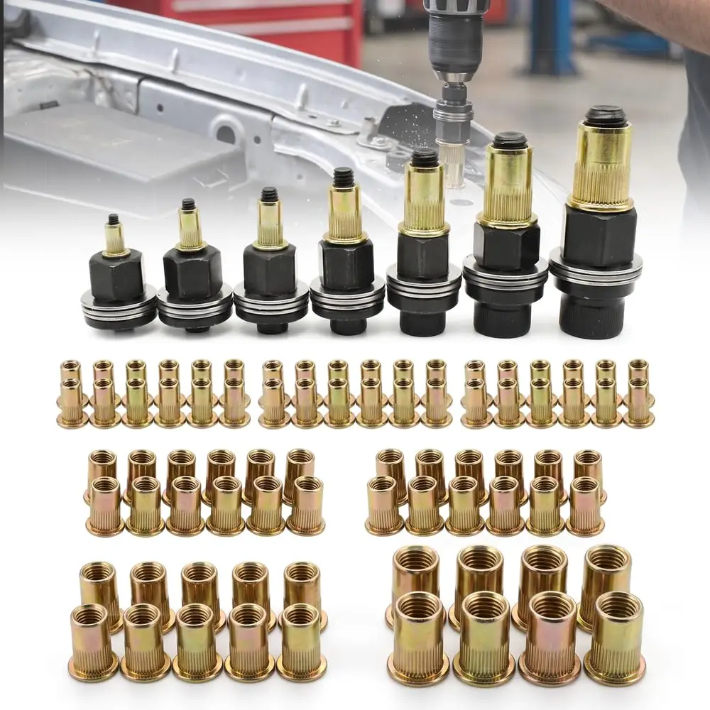 Manual Carbon Steel Rivet Nut Tool Kit with 7 Mandrels and 70 Rivet Nuts for Repair, Fabrication and Metal Fastening Projects