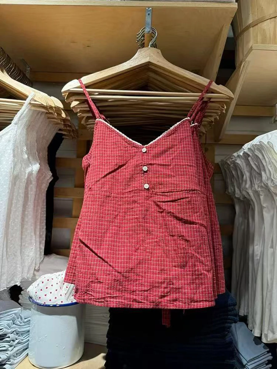 Débardeur à carreaux rouge à trois boutons pour femmes, garniture en dentelle, Sexy, col en V, sans manches, Style Preppy, Vintage, doux, court, été