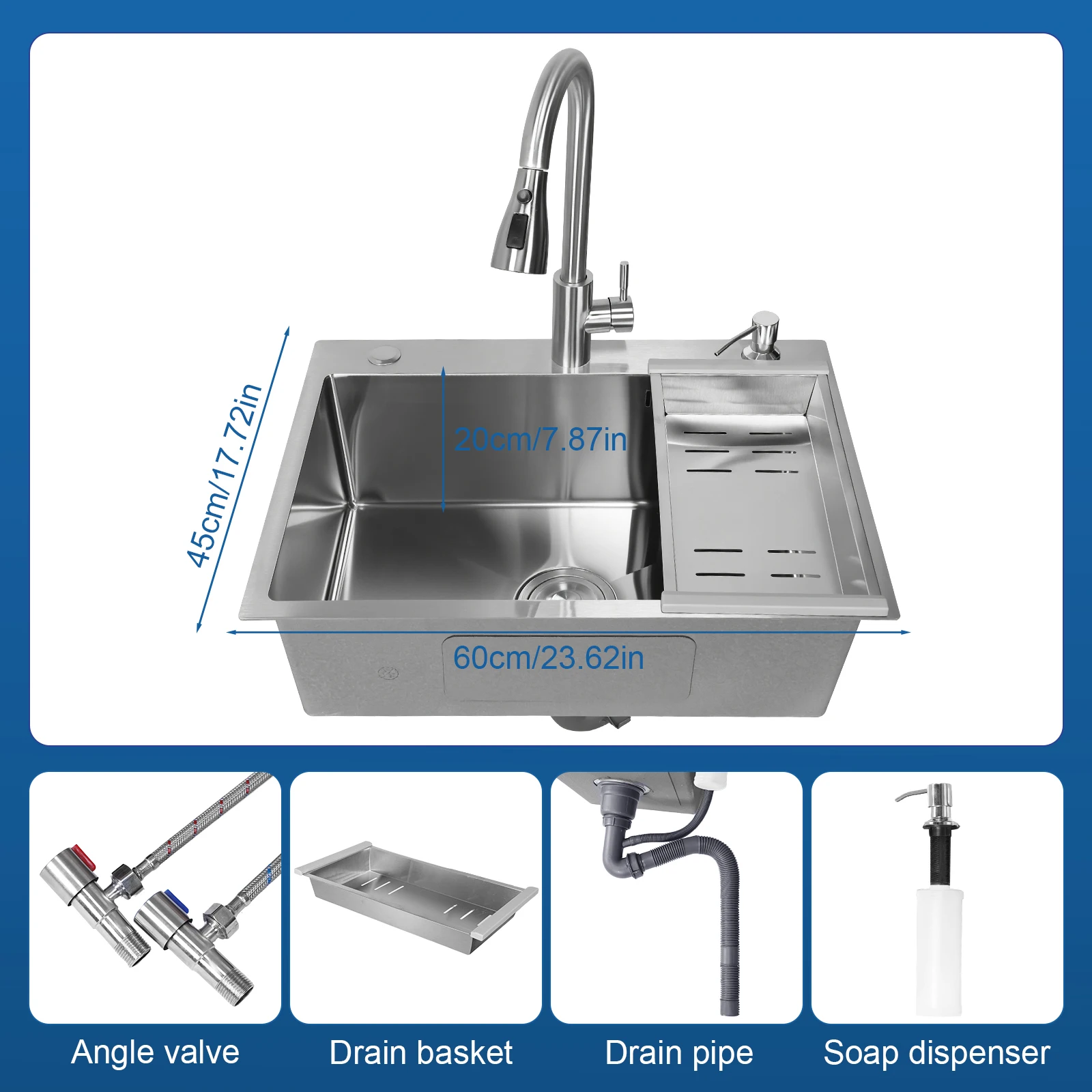 

23.62 X 17.72 X 7.87 Inch Single Bowl Kitchen Sink with Faucet and Multiple Accessories Undermount Kitchen Sink for Prep Kitchen