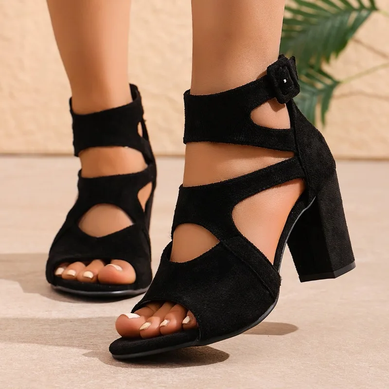 

Summer Women's Black Suede Chunky Heel Sandals, Hollow Open-Toe High Heels, Fashionable Roman Style Versatile Women's Shoes for