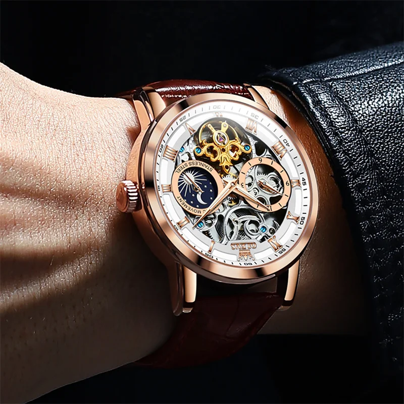 Luxury OLEVS Men Wristwatch Automatic Skeleton Mechanical Watch Moon Phase Tourbillon Dial Rose Gold Leather Band Male Clock