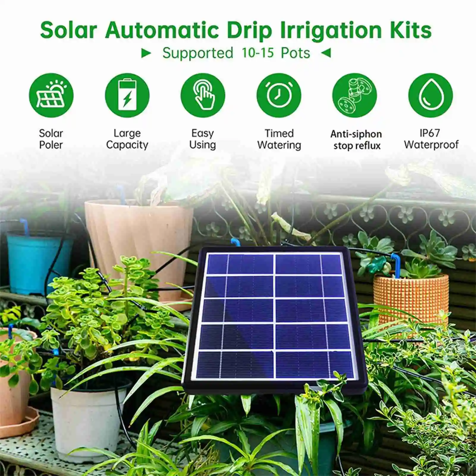 Solar Automatic Watering System IP67 Water Resistant Solar Automatic Drip Irrigation Kit System with Anti Siphoning