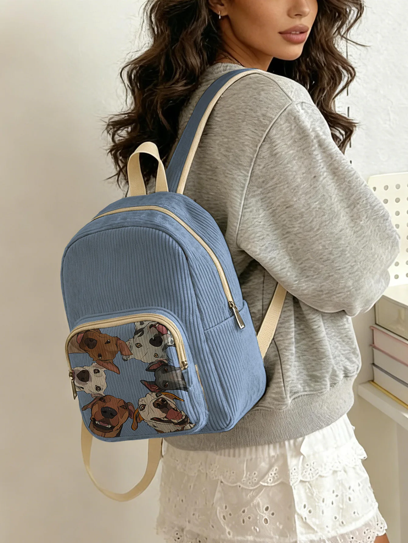 

Женский модный рюкзак с принтом в виде голов собак из мультфильмов, вельветовый, с множеством карманов, большой вместимости, для поездок на работу