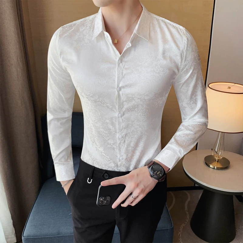 Luxury Printed Men\'s Shirt Long Sleeve Slim Fit Business Dress Shirts Casual Social Party Male Clothes Streetwear Chemise Homme