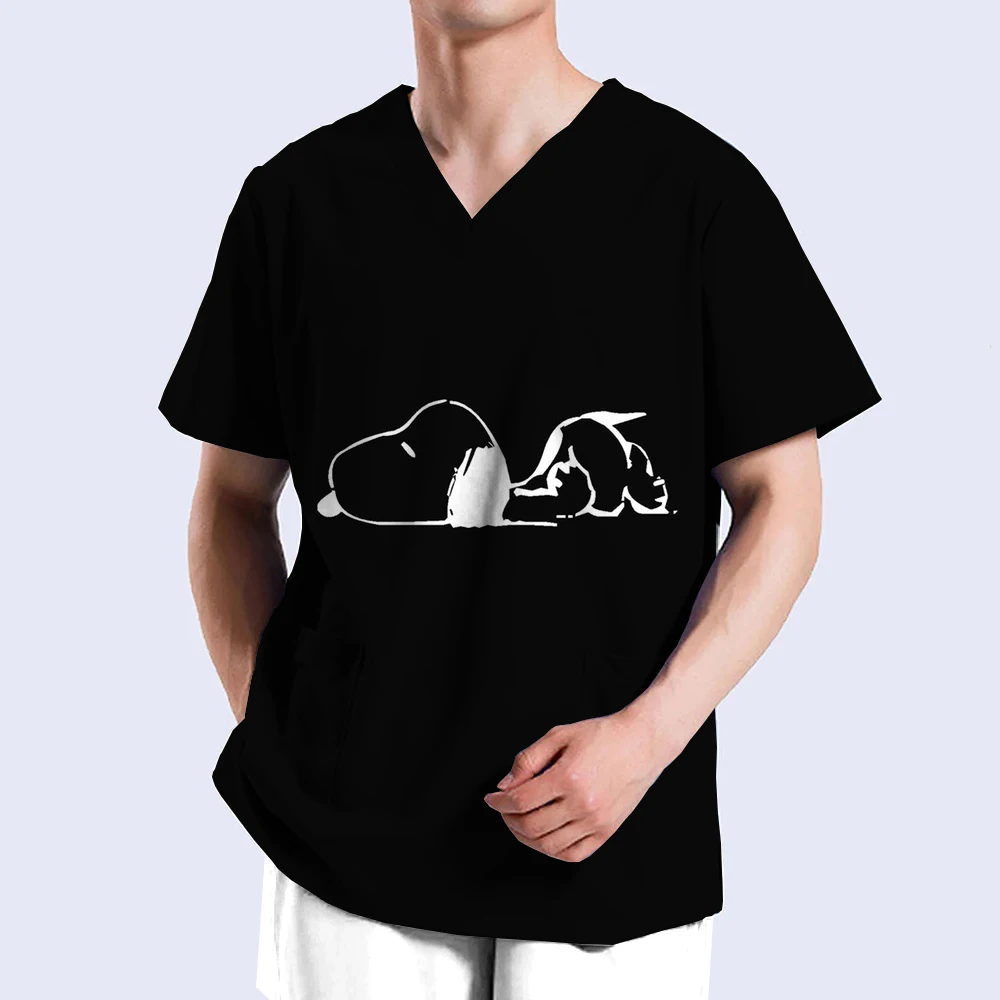 Cartoon Pflege Scrubs Tops Krankenschwester Uniform Snoopy Print T-shirt ERDNÜSSE Mann Frauen Mode V-ausschnitt Tasche Medizinische Arbeitskleidung y2k top