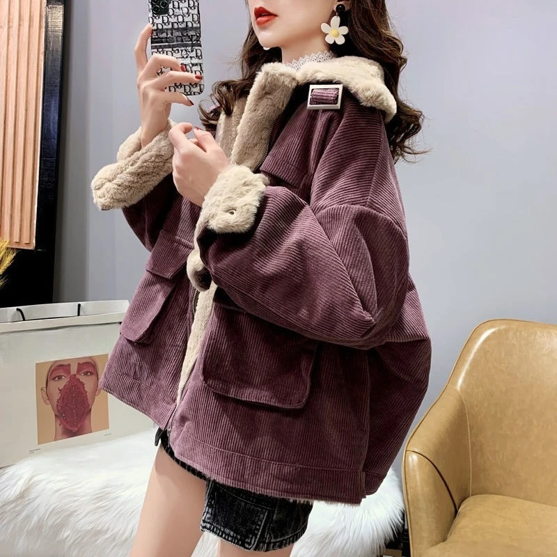 Lamb Wool Tooling Jacket Women's Autumn Winter Casual Parkas Versatile Loose Short Thickened Warm Corduroy Cotton Clothes Trend