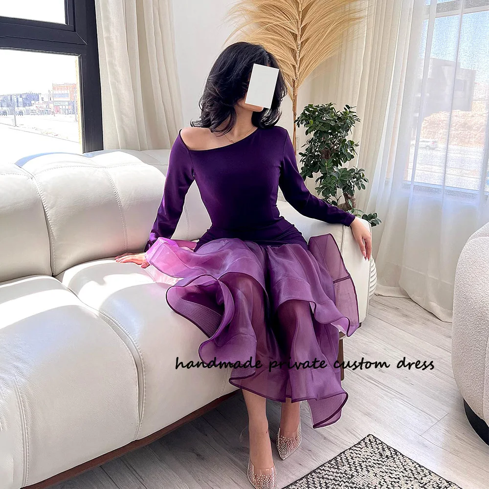 

Purple A Line Saudi Arabic Evening Party Dresses Long Sleeve Tiered Organza Prom Party Gowns Tea Length Dubai Celebrate Dress