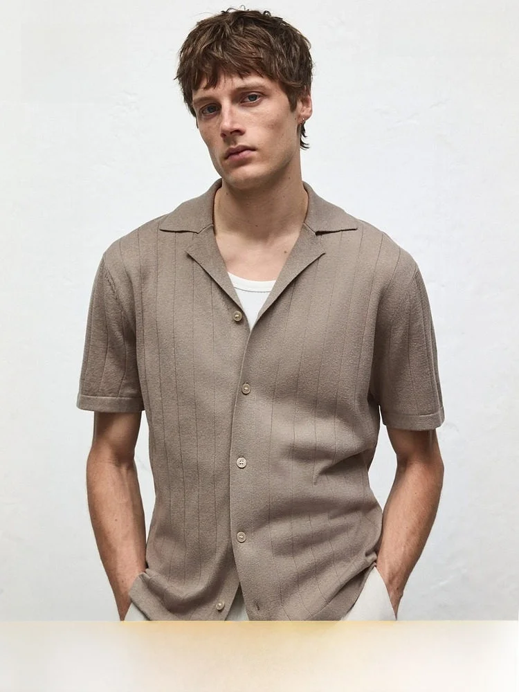 

Мужская рубашка H&M из льняной смеси с кубинским воротником, свободного кроя, повседневная, однотонная, для ежедневной носки, весна-осень