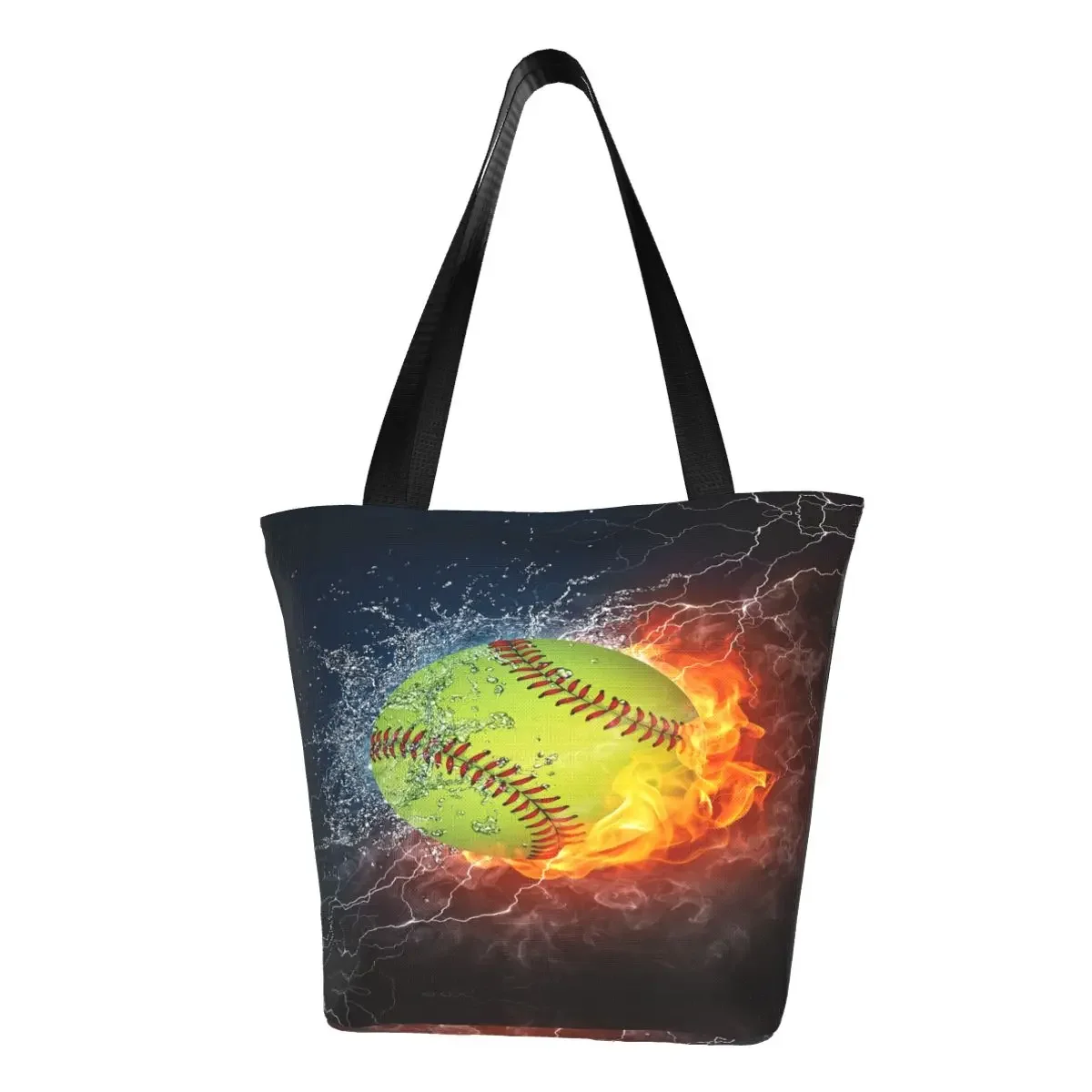 Cute Softball Ball Shopping Tote Bag Reusable Flame Baseball Canvas Groceries Shopper Shoulder Bag