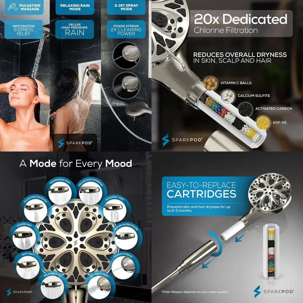 

5 High-Pressure Filtered Shower Head with Touch-Clean Nozzles, Built-In Power Jet, Stainless Steel 6ft Hose & Bracket in Brushed