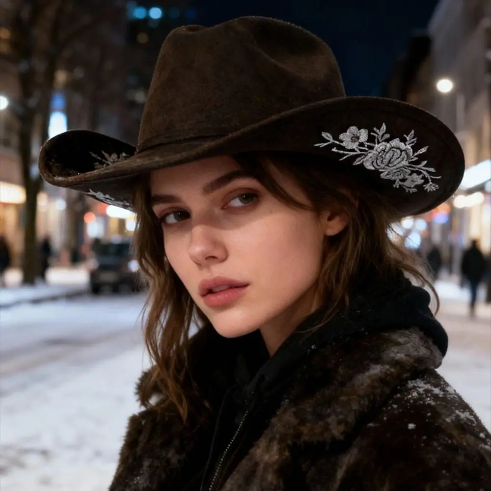 Topi Felt Berpinggiran Lebar dengan Bordir untuk Acara Formal, Dekorasi Bunga Bordir, Topi Wol, Topi Jazz, Topi Pertunjukan