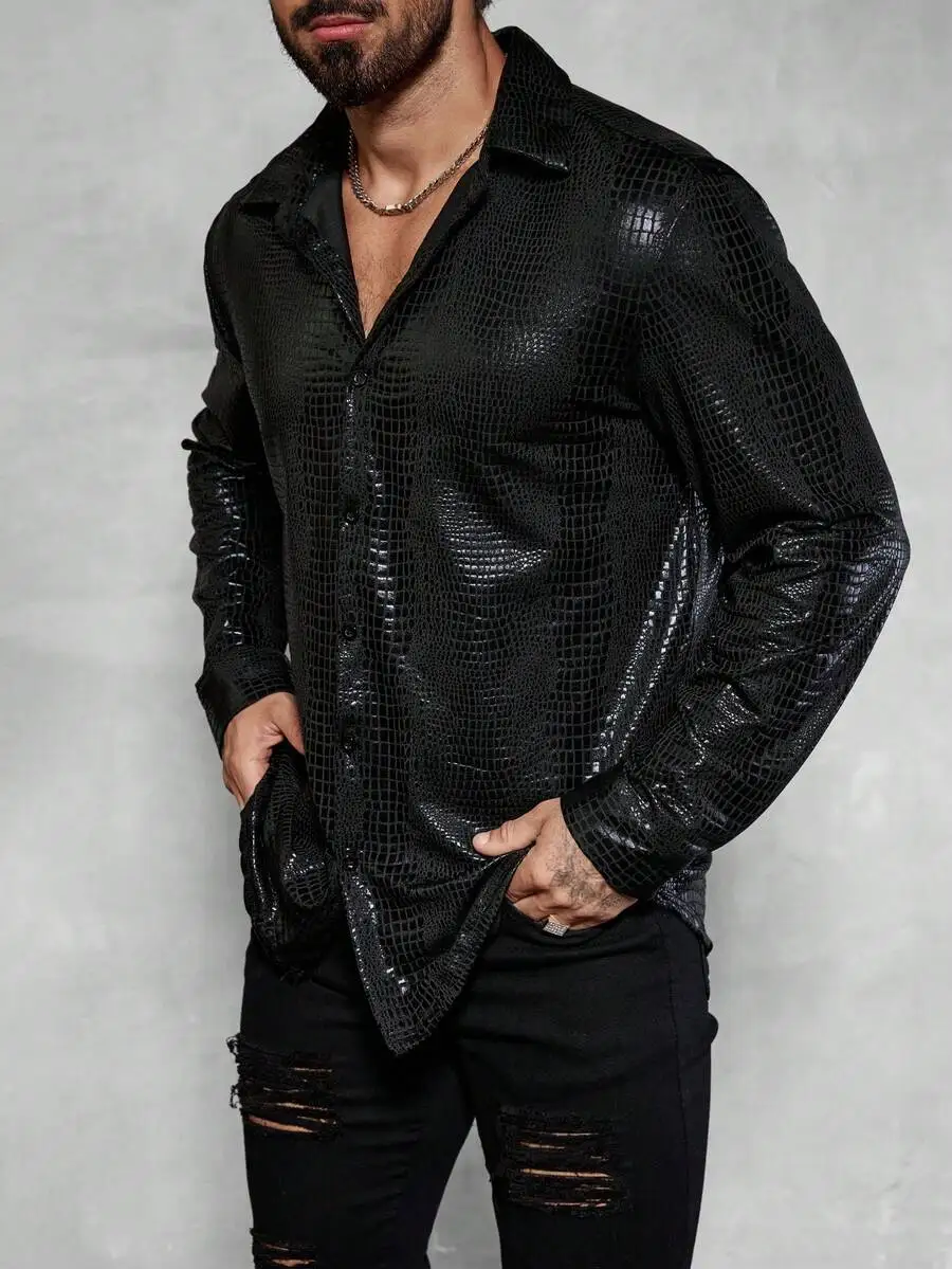 

Men's Black Crocodile Texture Button-Front Long Sleeve Shirt