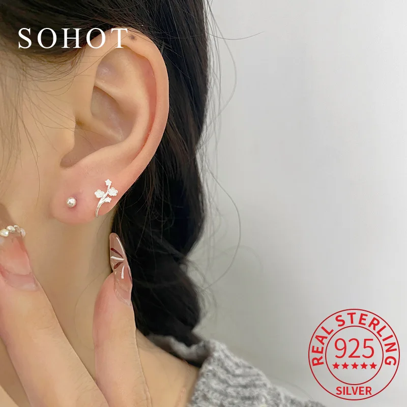 

Real 925 Sterling Silver Personality Flower Curved Stud Earrings for Elegant Women Trendy Fine Jewelry Screw Bead Accessories